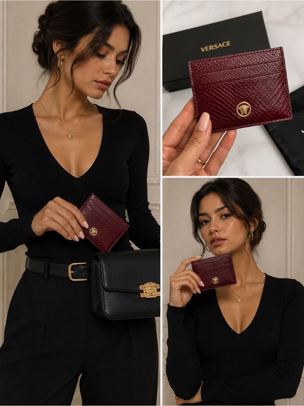 NWT Versace Burgundy Medusa Croc Embossed Leather Card Holder Wallet